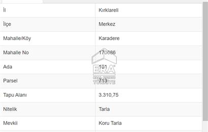 Kırklareli Karadere Köyünde Müstakil 3.310 m2 Satılık Tarla