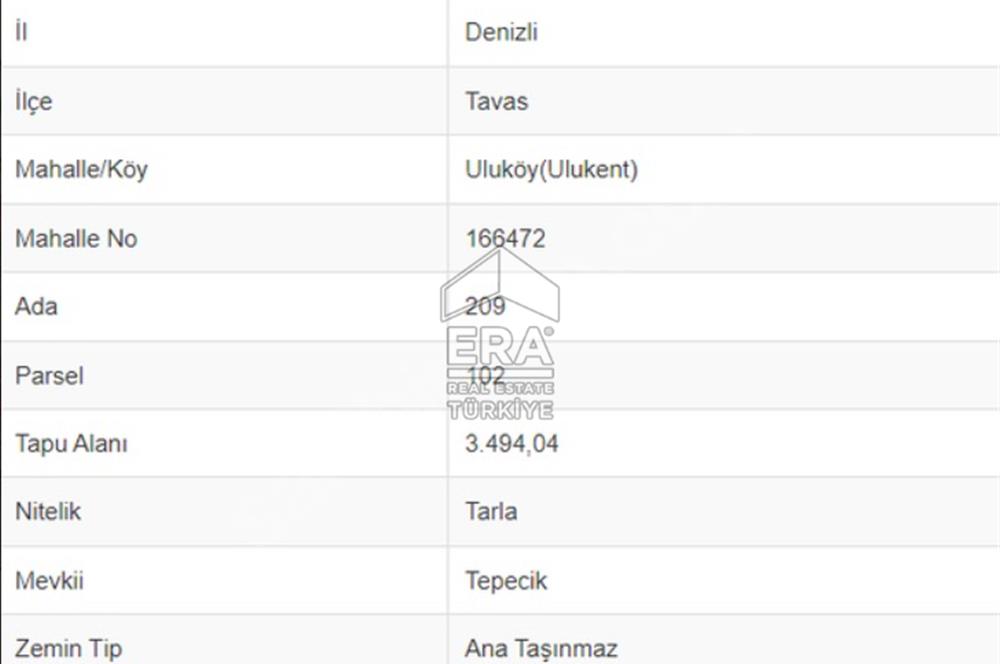 ERA FLY'DAN TAVAS ULUKENT'TE 3494 m² SATILIK TARLA