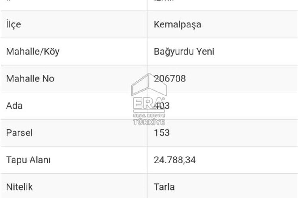 ERA NİVA'DAN KEMALPAŞA BAĞYURDU'NDA SATILIK 24.788 M² TARLA