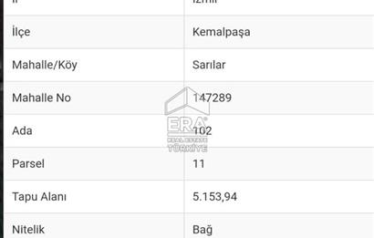 ERA NİVA'DAN KEMALPAŞA SARILAR'DA SATILIK 5.153 M² BAĞ