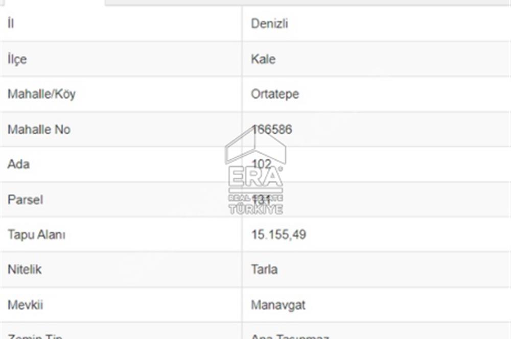 ERA REAL ESTATE FLY GAYRİMENKUL PORTFÖYLERİNDEN KALE ORTATEPE'DE  SATILIK TARLA