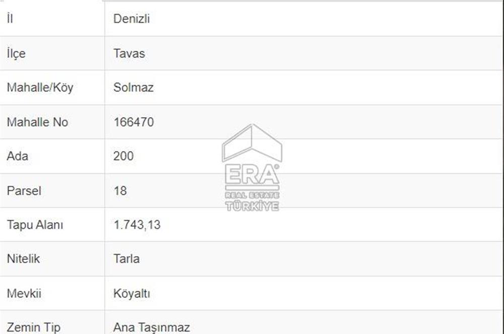 ERA REAL ESTATE FLY GAYRİMENKUL PORTFÖYLERİNDEN TAVAS SOLMAZ’DA SATILIK TARLA