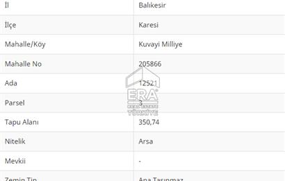 ERA PORT GÜVENCESİYLE BALIKESİR KUVAYİ MİLLİYE 350m² ARSA