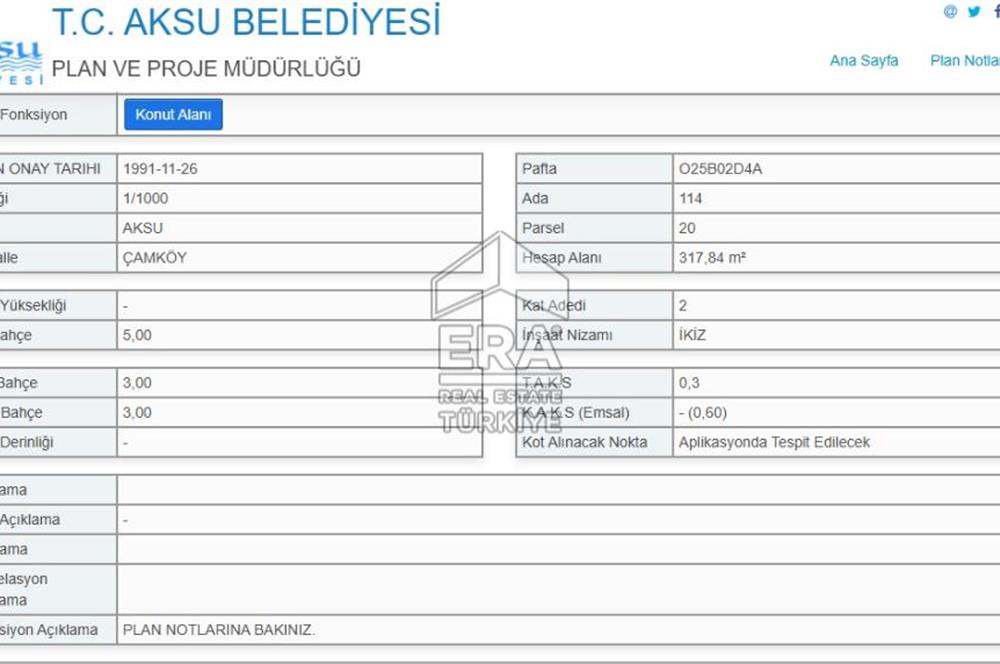 ANTALYA AKSU ÇAMKÖYDE 318m2 SATILIK VİLLA ARSASI