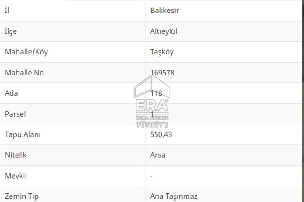 ERA PORT GÜVENCESİYLE BALIKESİR ALTIEYLÜL TAŞKÖY'DE 550 m² ARSA