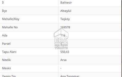 ERA PORT GÜVENCESİYLE BALIKESİR ALTIEYLÜL TAŞKÖY'DE 550 m² ARSA