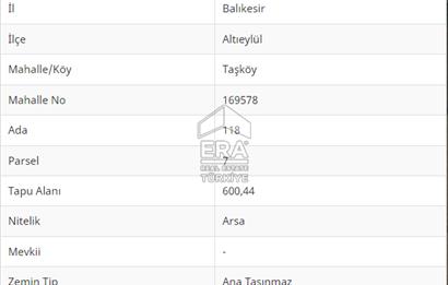 ERA PORT GÜVENCESİYLE BALIKESİR ALTIEYLÜL TAŞKÖY'DE 550 m² ARSA