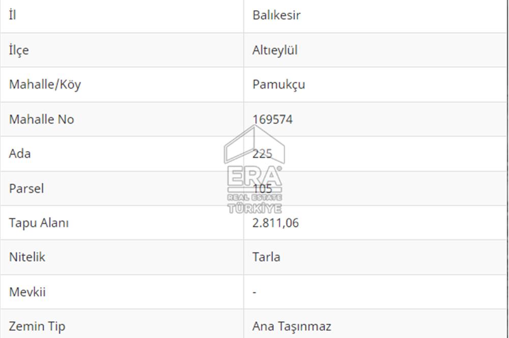 ERA PORT GÜVENCESİYLE BALIKESİR PAMUKÇU'DA 2811 m² TARLA