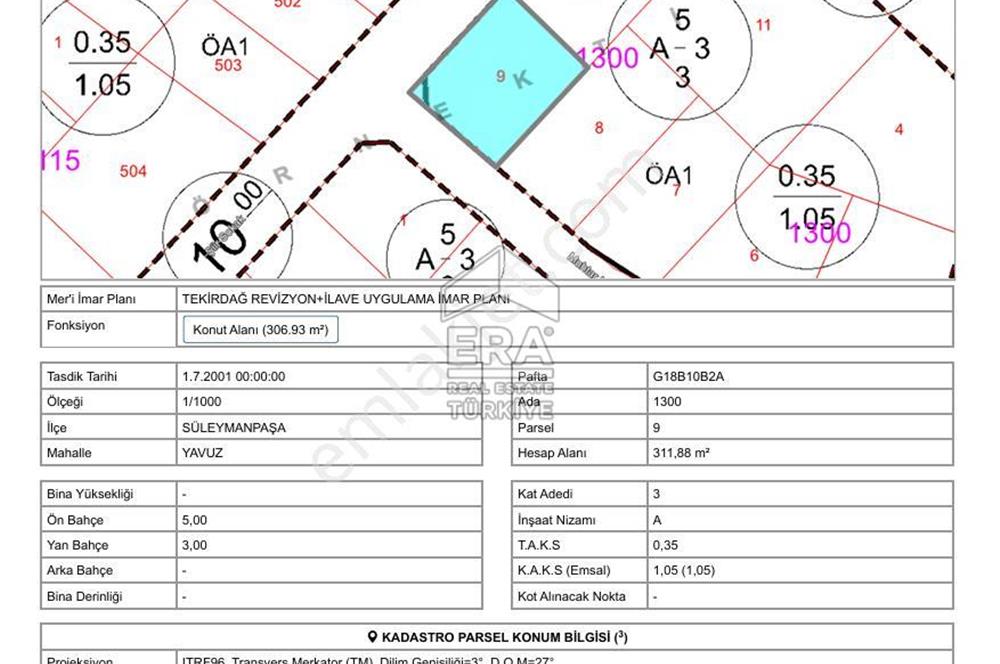 TEKİRDAĞ SÜLEYMANPAŞA YAVUZ MAHALLESİ 312 M2  SATILIK ARSA  