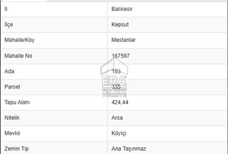 ERA PORT GÜVENCESİYLE KEPSUT MESTANLAR KÖY İÇİ 424m² ARSA