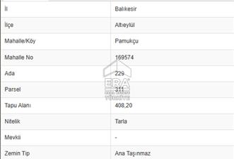 ERA PORT GÜVENCESİYLE BALIKESİR PAMUKÇU DA 408m² TARLA