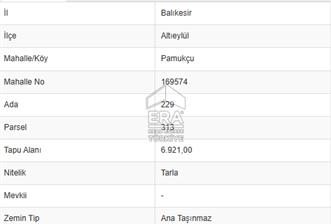ERA PORT GÜVENCESİYLE BALIKESİR PAMUKÇU DA 6921m² TARLA