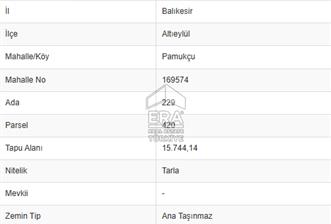 ERA PORT GÜVENCESİYLE BALIKESİR PAMUKÇU DA 15744m² TARLA