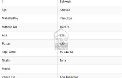 ERA PORT GÜVENCESİYLE BALIKESİR PAMUKÇU DA 15744m² TARLA