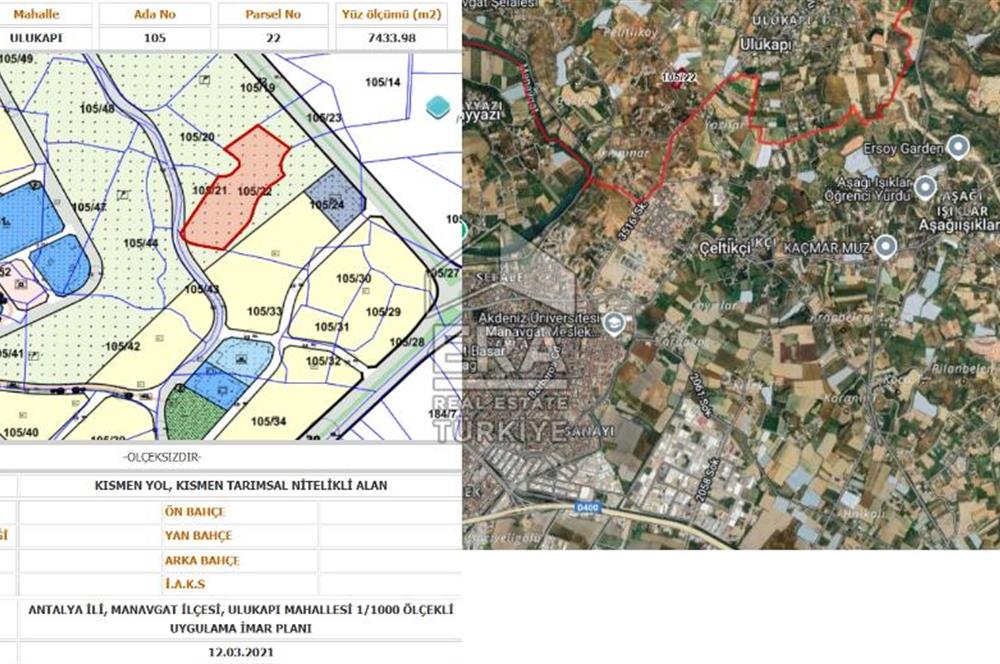 MANAVGAT ULUKAPI'DA İMAR SINIRINDA 1471 M2 SATILIK TARLA
