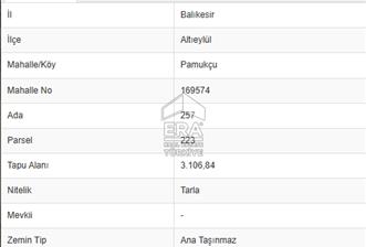 ERA PORT GÜVENCESİYLE BALIKESİR PAMUKÇU DA 3106m² TARLA