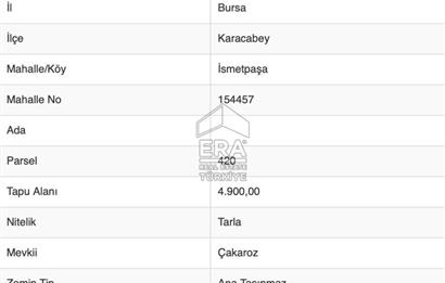 ERA SÖZ DEN BURSA KARACABEY İSMETPAŞA MAH. SATILIK 4900M² TARLA