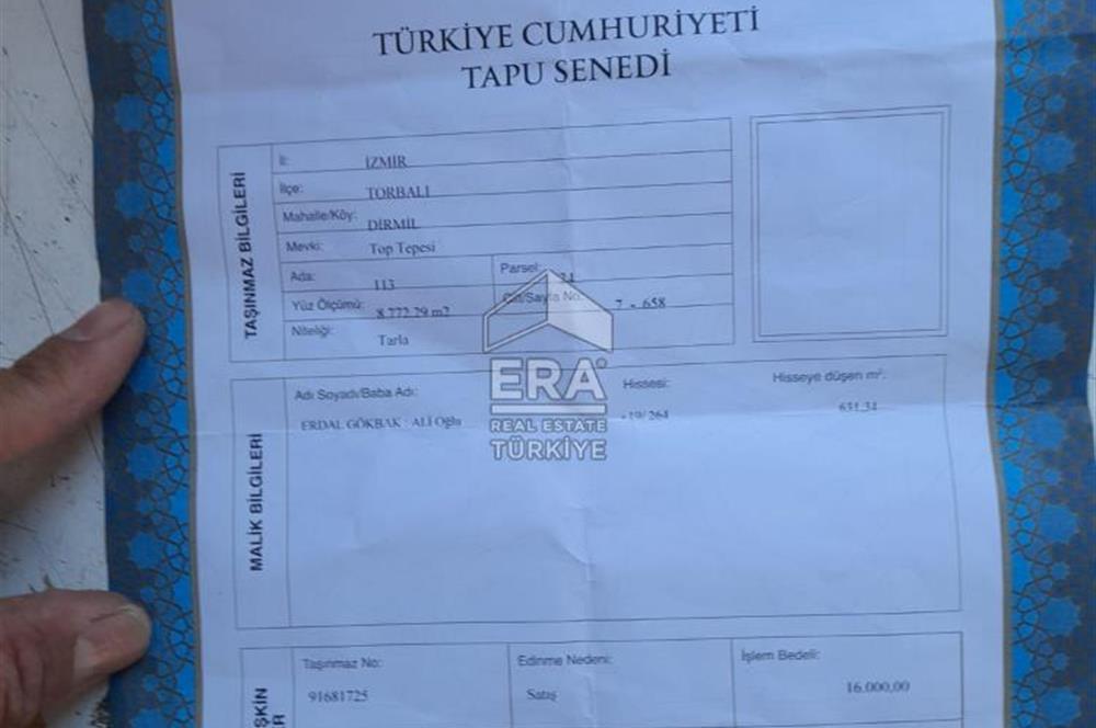 TORBALI DİRMİL TOPTEPESİ MEVKİİNDE 632 m² HİSSE TAPULU ARSA