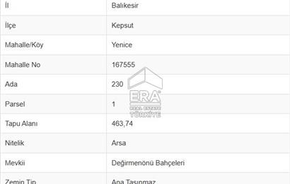 ERA PORT GÜVENCESİYLE BALIKESİR KEPSUT MERKEZDE 1248 m² ARSA