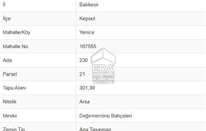 ERA PORT GÜVENCESİYLE BALIKESİR KEPSUT MERKEZDE 1248 m² ARSA