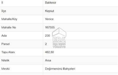 ERA PORT GÜVENCESİYLE BALIKESİR KEPSUT MERKEZDE 1248 m² ARSA