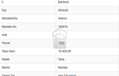 ERA PORT GÜVENCESİYLE BALIKESİR ALTIEYLÜL AKARSU 10400m² TARLA