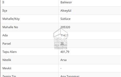 ERA PORT GÜVENCESİYLE BALIKESİR SÜTLÜCE 401,79m² ARSA