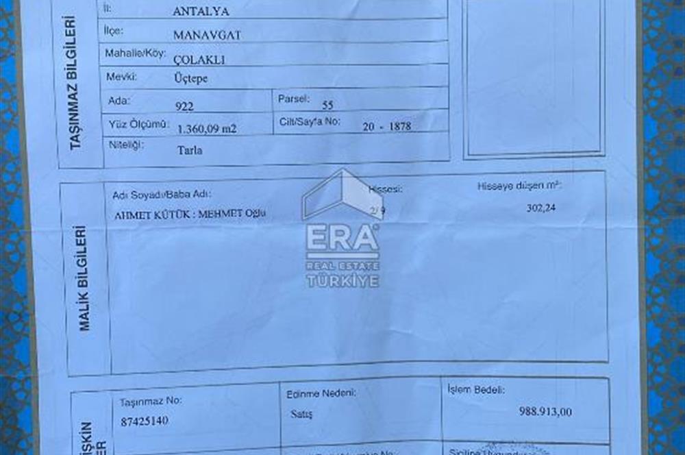 MANAVGAT ÇOLAKLI DENİZ TARAFINDA SATILIK TARLA