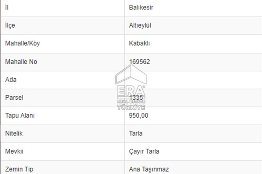 ERA SÖZ'DEN ALTIEYLÜL KABAKLI MH. SATILIK 950 M² 1/100000 ÖLÇEKLİ TARLA