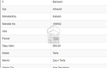 ERA SÖZ'DEN ALTIEYLÜL KABAKLI MH. SATILIK 950 M² 1/100000 ÖLÇEKLİ TARLA