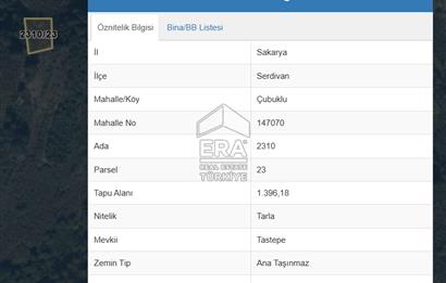 ERA KARAT, SERDİVAN KAZIMPAŞA AYAKALTI MANZARLI 1396 m² TARLA