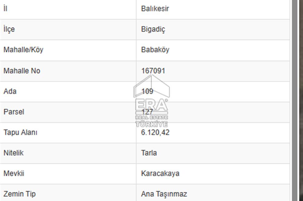 ERA SÖZ DEN BİGADİÇ BABAKÖY MH. SATILIK 6120M² TARLA