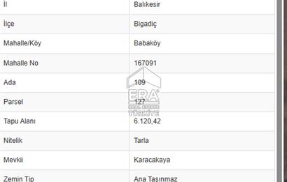 ERA SÖZ DEN BİGADİÇ BABAKÖY MH. SATILIK 6120M² TARLA