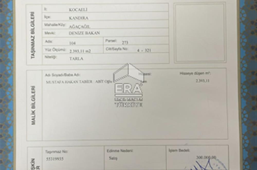 KANDIRA AĞAÇAĞILDA SATILIK TARLA