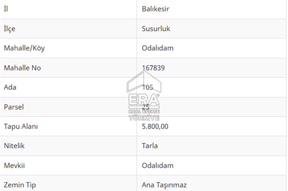 ERA PORT GÜVENCESİYLE BALIKESİR SUSURLUK'TA SATILIK TARLA