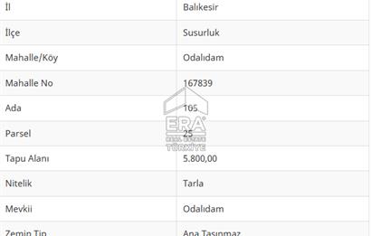 ERA PORT GÜVENCESİYLE BALIKESİR SUSURLUK'TA SATILIK TARLA