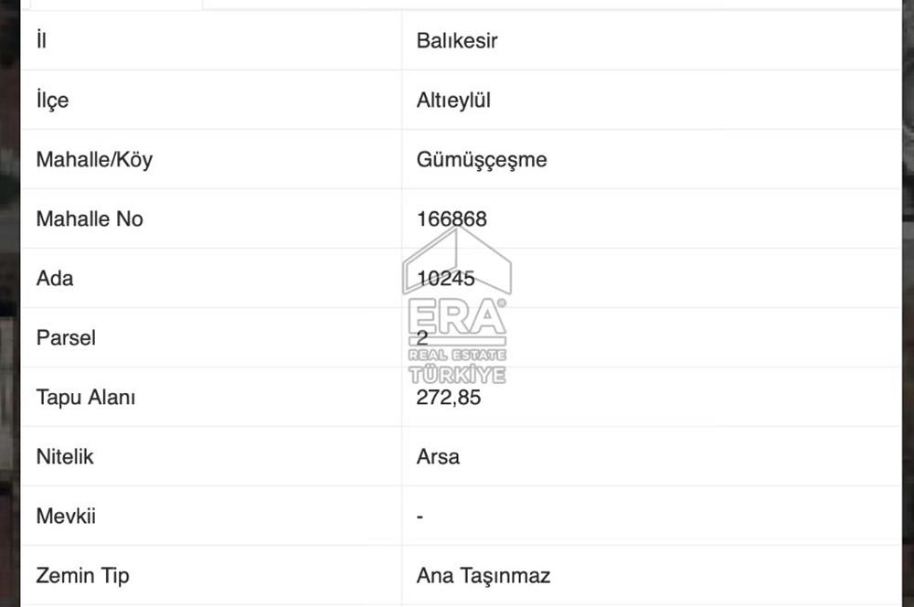 BALIKESİR GÜMÜŞÇEŞME MH ERA SÖZ DEN SATILIK 272 m² İMARLI ARSA