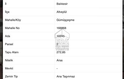 BALIKESİR GÜMÜŞÇEŞME MH ERA SÖZ DEN SATILIK 272 m² İMARLI ARSA