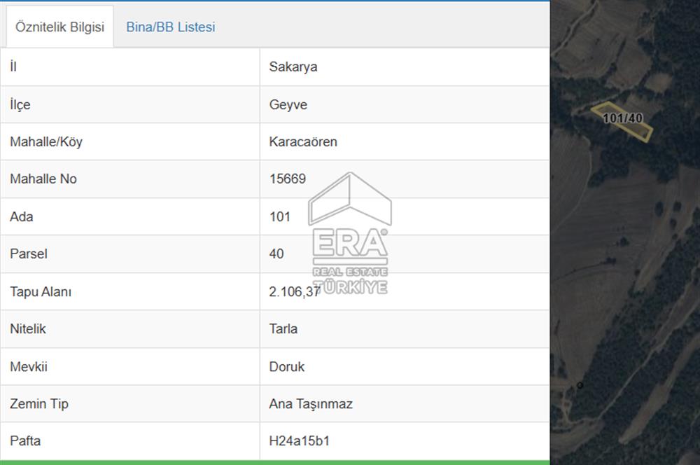 ERA KARAT SAKARYA GEYVE KARACAÖREN’DE SATILIK 2.106 M2 TARLA