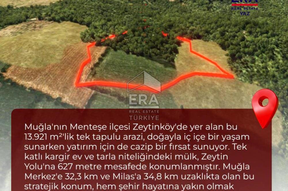 Muğla Zeytinköy SATILIK 13.920 m2 Tek Katlı Kargir Ev ve Tarla