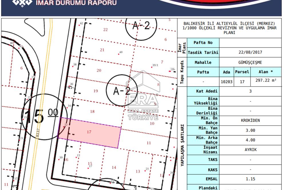 ERA SÖZ DEN BALIKESİR ALTIEYLÜL GÜMÜŞÇEŞME MAH. DE SATILIK 297 M2 İMARLI ARSA