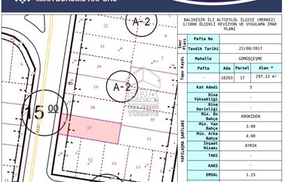 ERA SÖZ DEN BALIKESİR ALTIEYLÜL GÜMÜŞÇEŞME MAH. DE SATILIK 297 M2 İMARLI ARSA