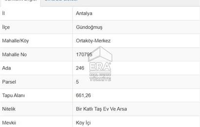 ANTALYA/GÜNDOĞMUŞ ORTA KÖY MAH. KÖY İÇİ TEK TAPU ARSA