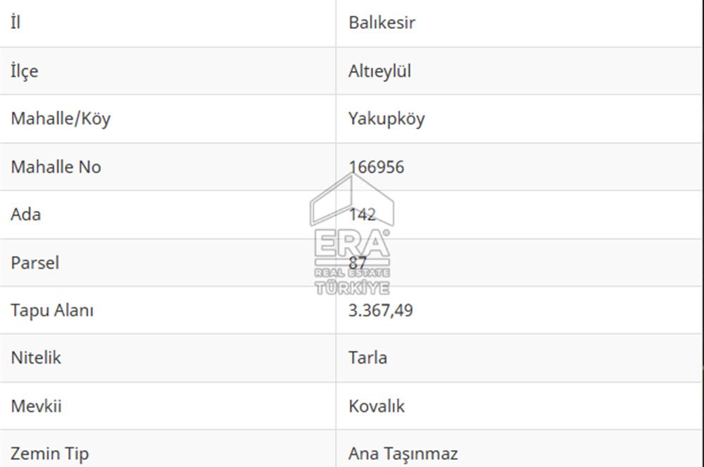 ERA PORT GÜVENCESİYLE YAKUPKÖY'DE SATILIK 3367 METREKARE TARLA