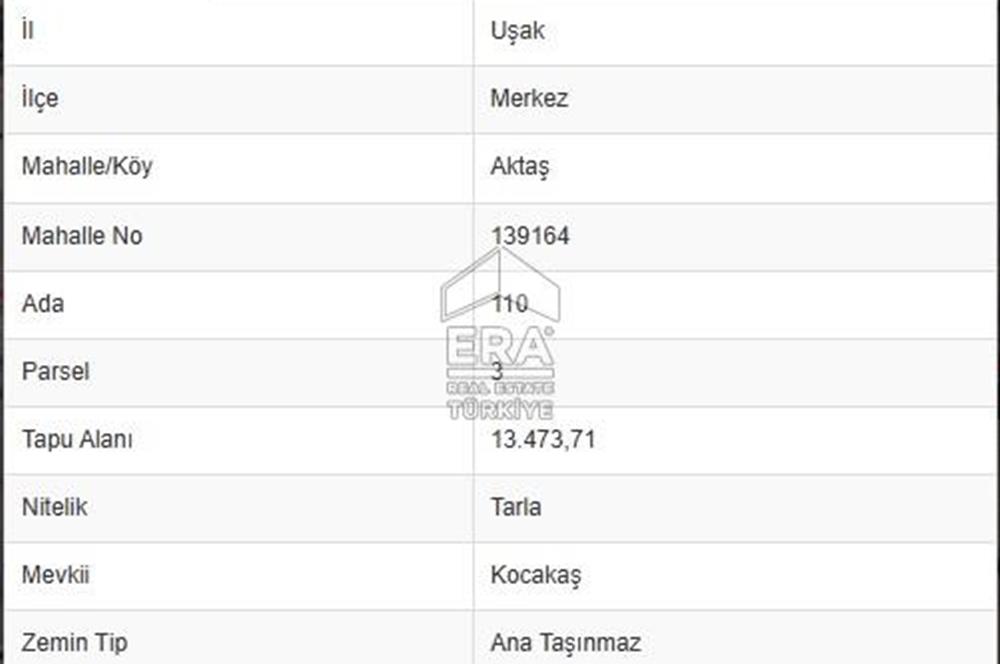 Era Angel'dan Uşak Aktaş Köyünde Satılık Fırsat Yatırımlık Tarla