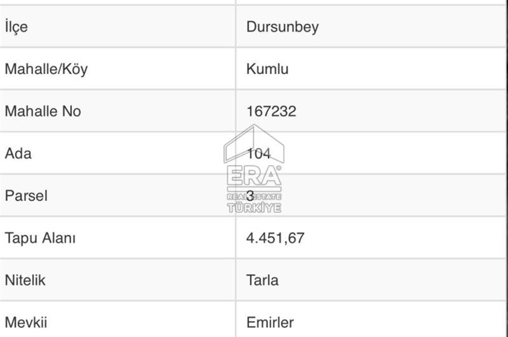 ERA PORT GÜVENCESİYLE BALIKESİR DURSUNBEY KUMLU'DA 4452 m² TARLA