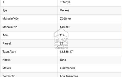 Kütahya Merkez Çöğürler'de 14 Dönüm DEVASA Tek Tapu TARLA