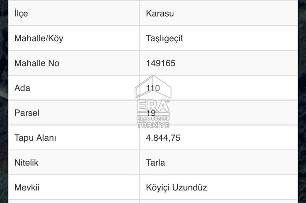ERA KARAT KARASU TAŞLIGEÇİT KÖY İÇİ'NDE 4,844 M2 SATILIK TARLA