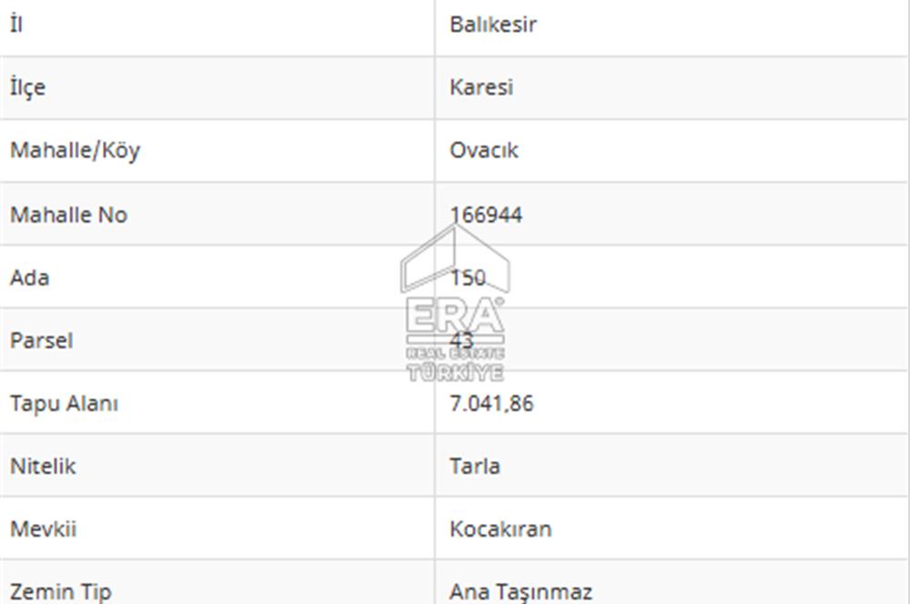 ERA PORT GÜVENCESİYLE BALIKESİR KARESİ OVACIK 1831m² TARLA