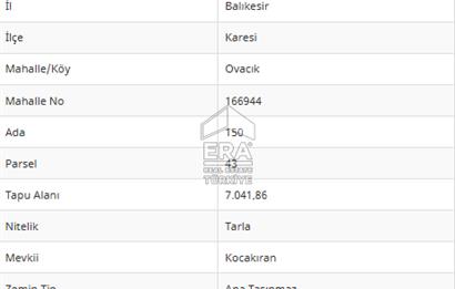 ERA PORT GÜVENCESİYLE BALIKESİR KARESİ OVACIK 1831m² TARLA